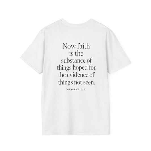 Hebrews 11:1 Faith Is the Substance T-Shirt — Seed-to-Flower Line Art