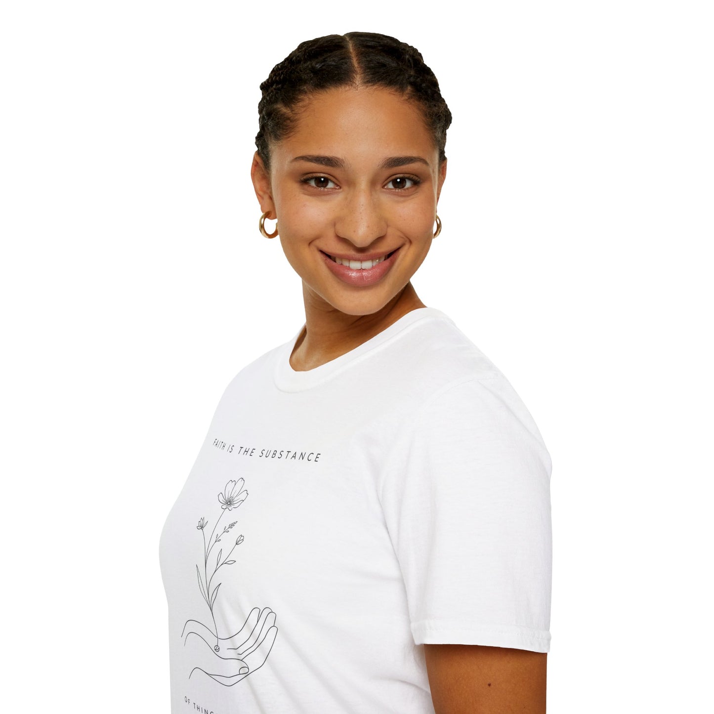 Hebrews 11:1 Faith Is the Substance T-Shirt — Seed-to-Flower Line Art