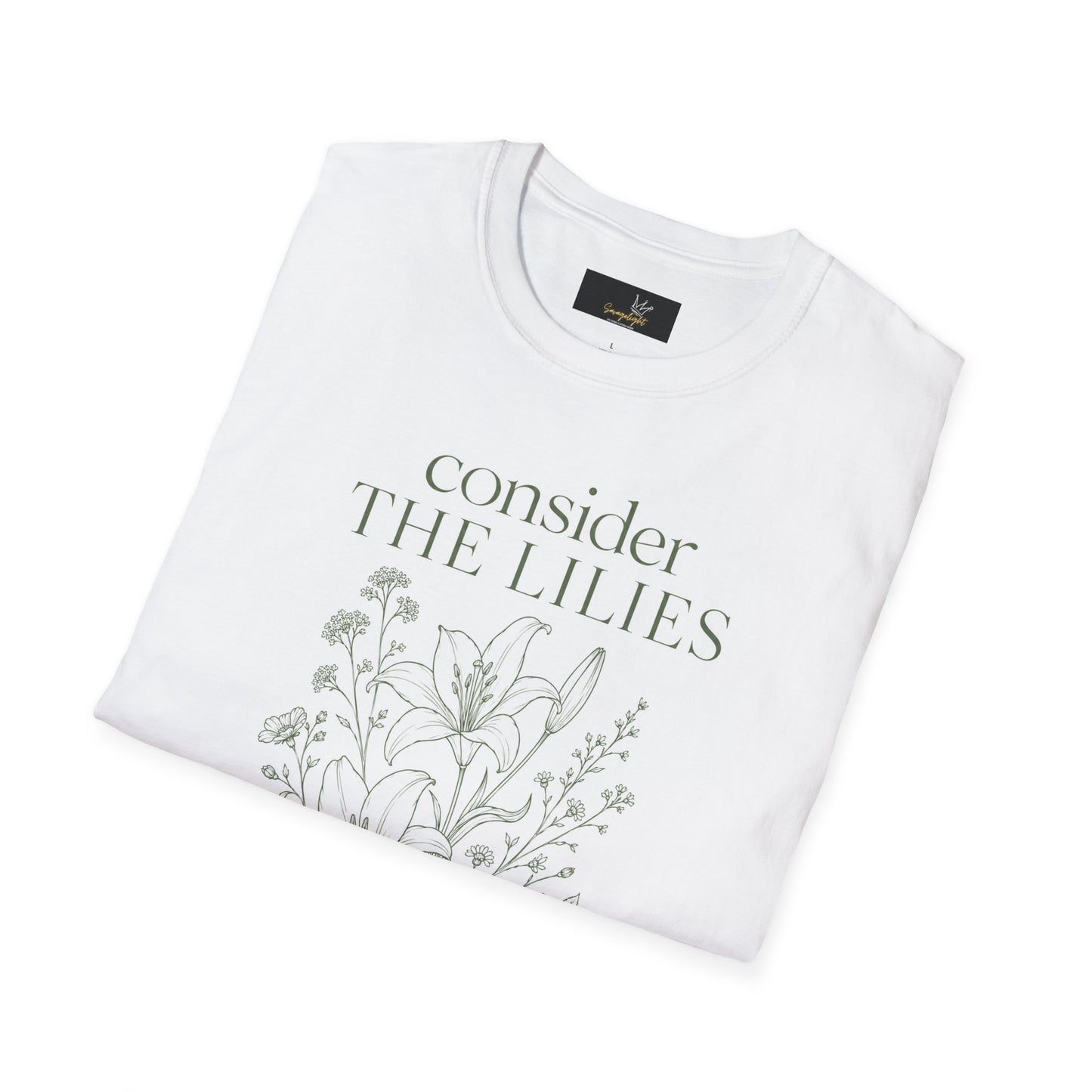 Consider the Lilies T-Shirt — Matthew 6:28 Botanical Line Art