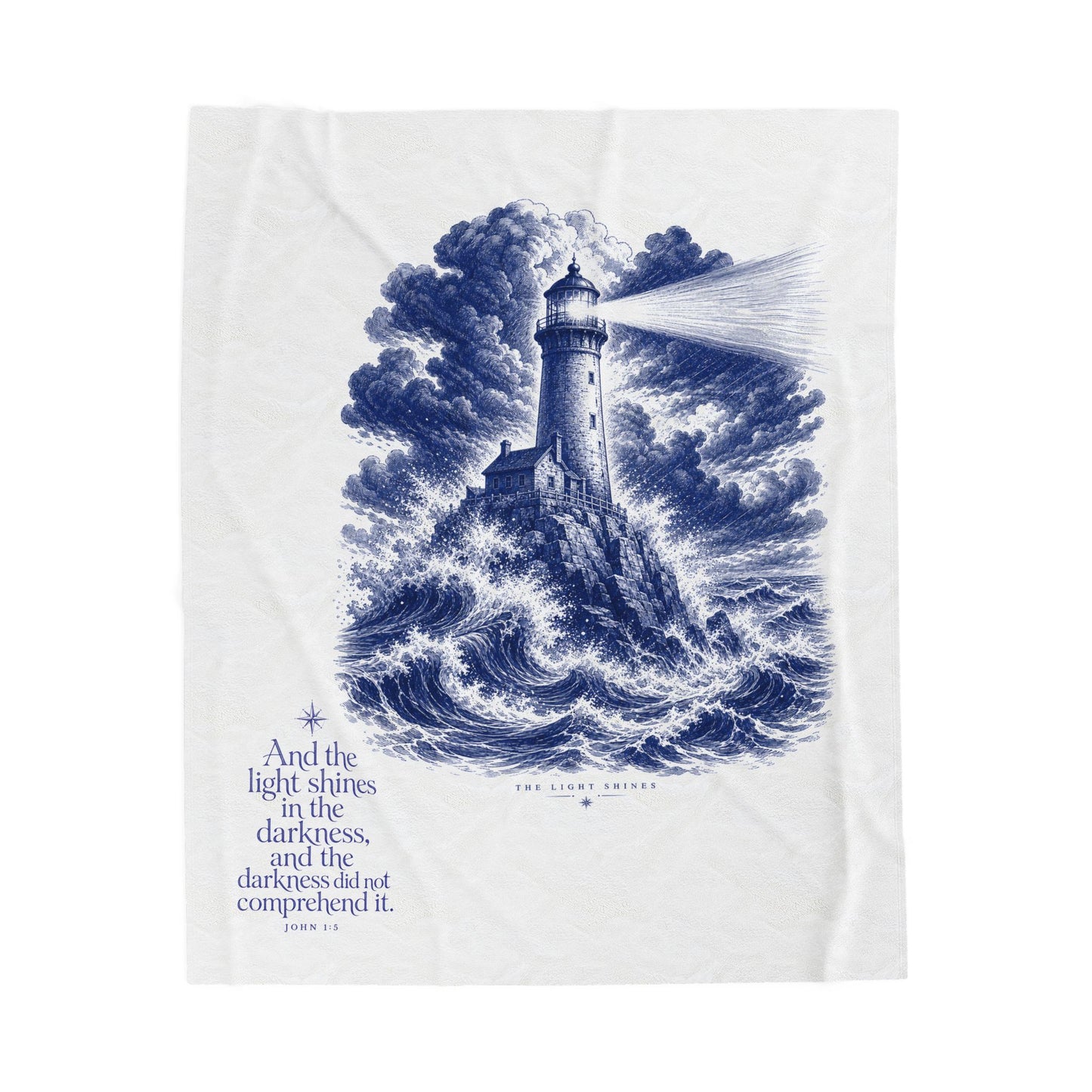 Lighthouse Velveteen Plush Blanket — Nautical Faith Quote Throw (John 1:5)