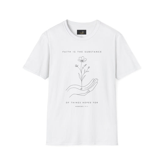 Hebrews 11:1 Faith Is the Substance T-Shirt — Seed-to-Flower Line Art