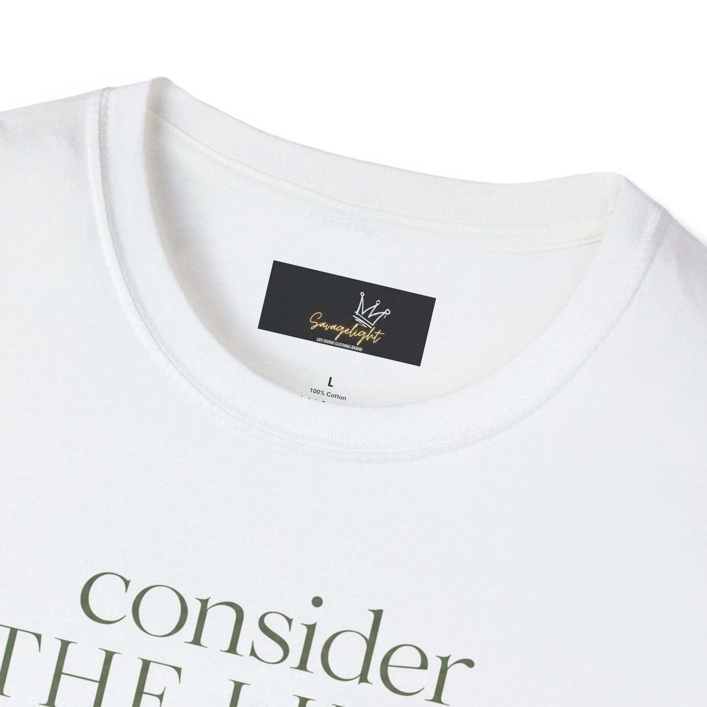 Consider the Lilies T-Shirt — Matthew 6:28 Botanical Line Art