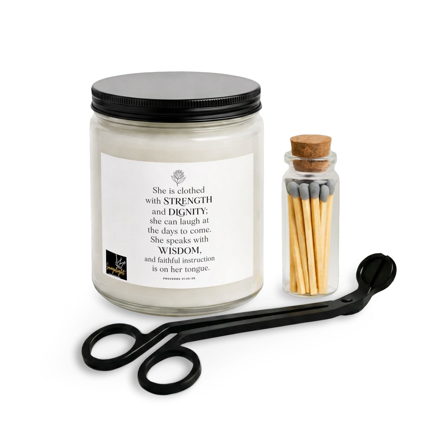 Strength & Dignity Soy Candle Set — Matches & Wick Trimmer (Proverbs 31:25 Inspirational Gift)