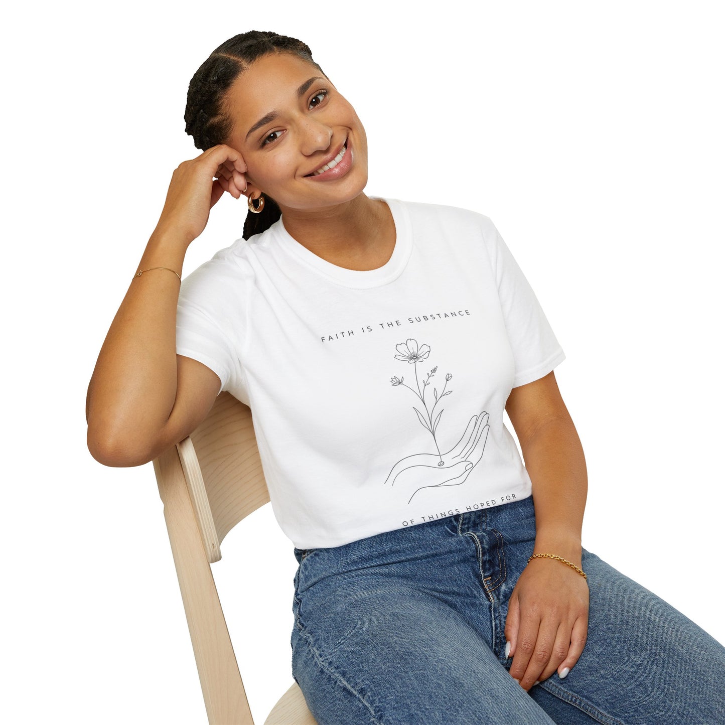 Hebrews 11:1 Faith Is the Substance T-Shirt — Seed-to-Flower Line Art