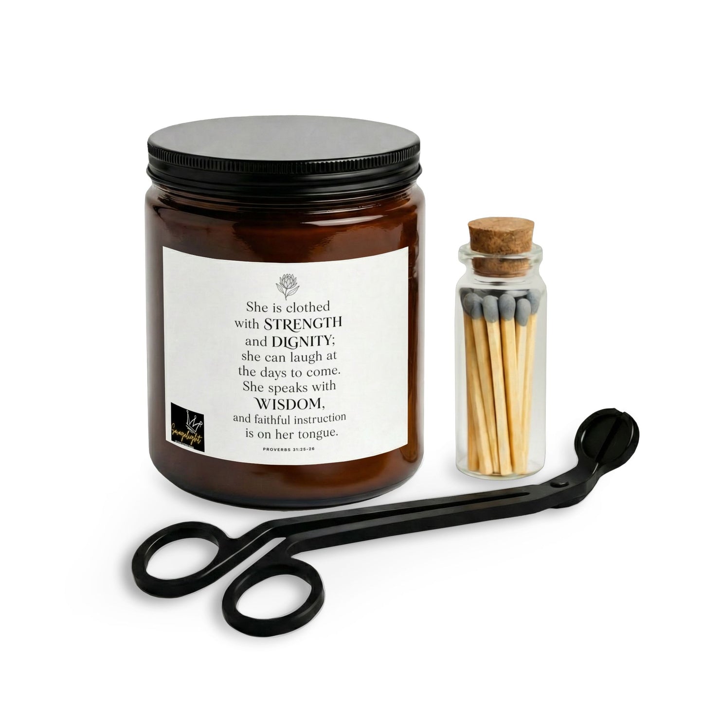 Strength & Dignity Soy Candle Set — Matches & Wick Trimmer (Proverbs 31:25 Inspirational Gift)