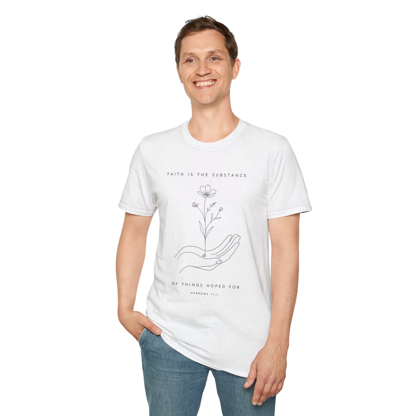 Hebrews 11:1 Faith Is the Substance T-Shirt — Seed-to-Flower Line Art