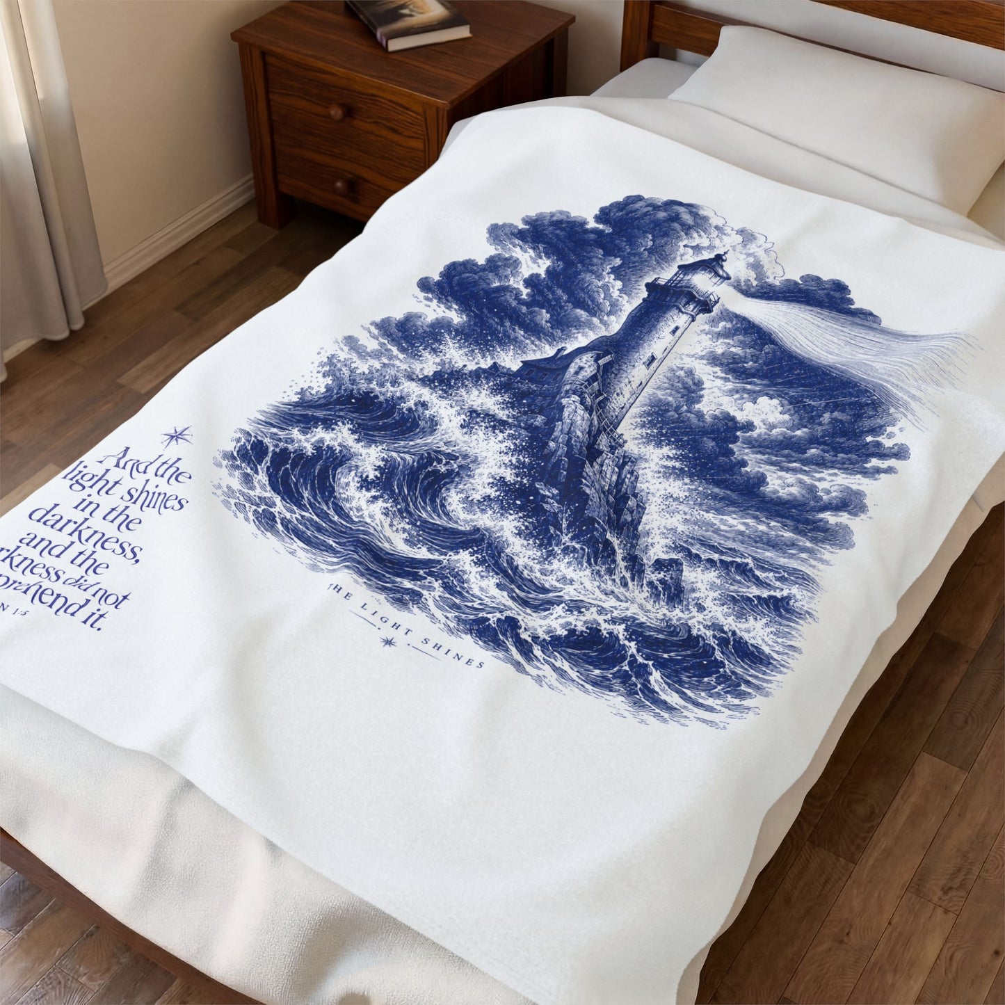 Lighthouse Velveteen Plush Blanket — Nautical Faith Quote Throw (John 1:5)