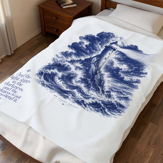 Lighthouse Velveteen Plush Blanket — Nautical Faith Quote Throw (John 1:5)