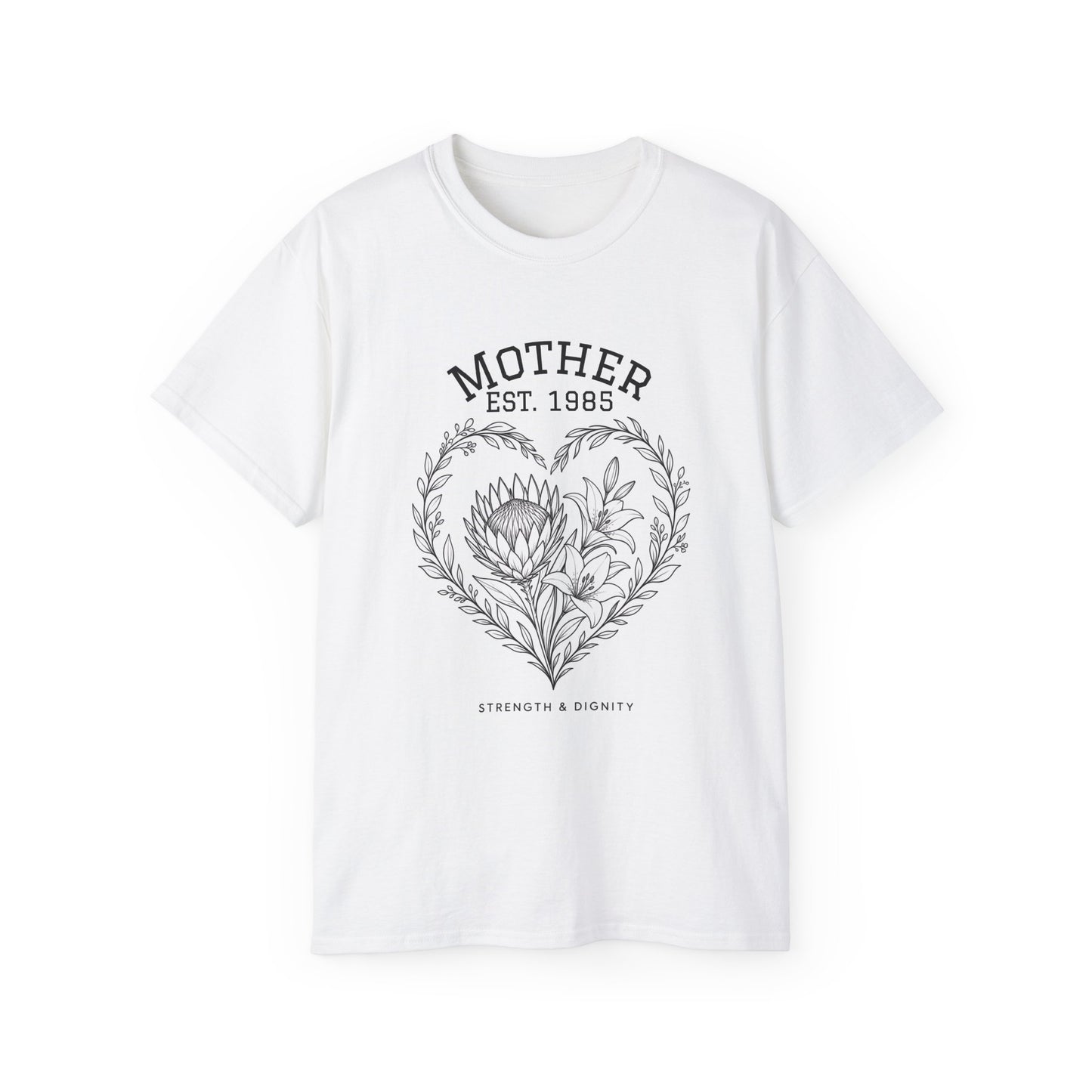 Mother Est. 1985 Tee — Strength & Dignity Floral Heart Shirt