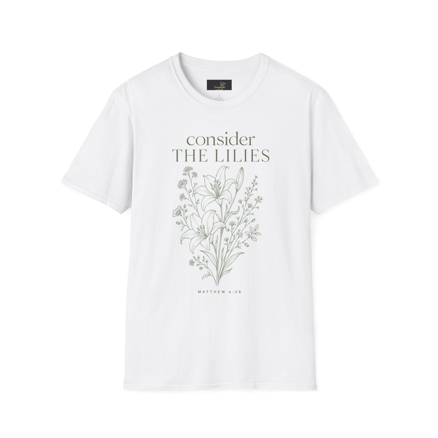 Consider the Lilies T-Shirt — Matthew 6:28 Botanical Line Art