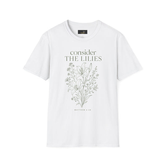 Consider the Lilies T-Shirt — Matthew 6:28 Botanical Line Art