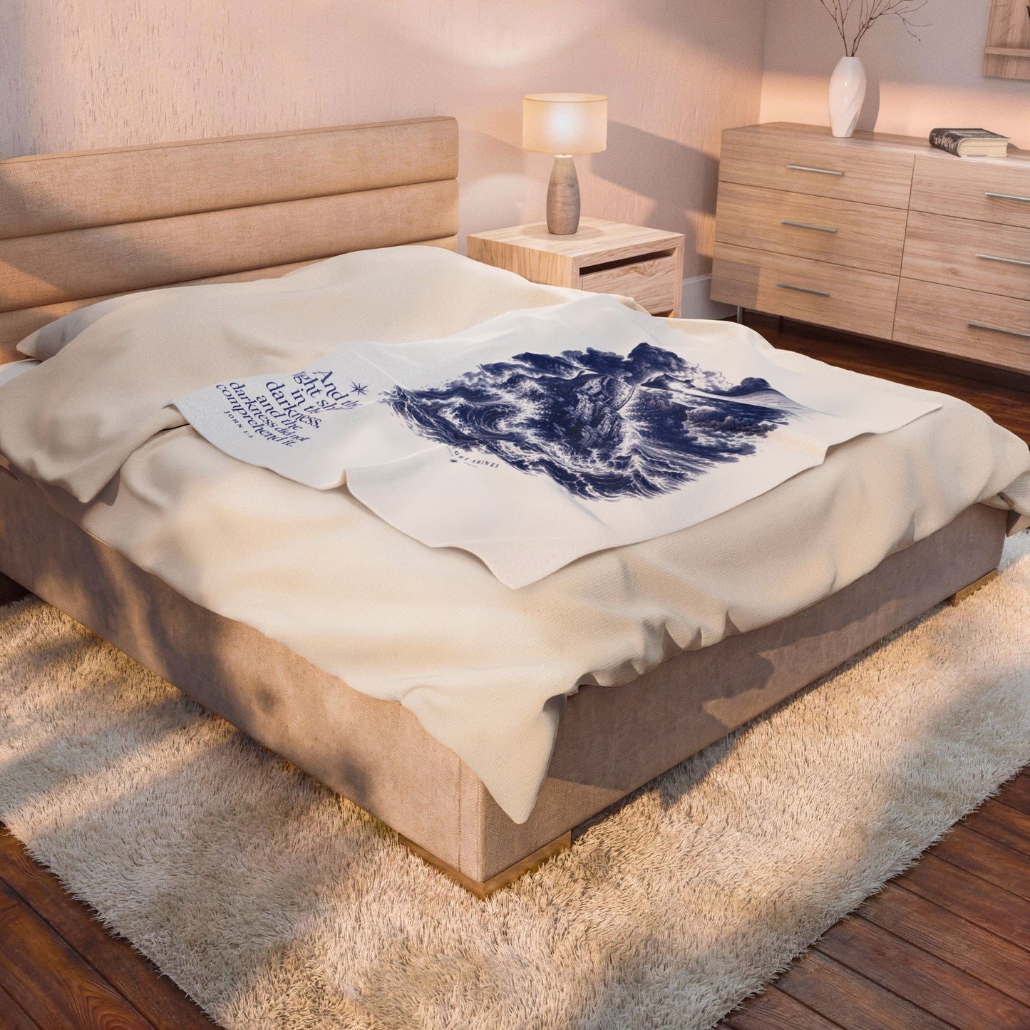 Lighthouse Velveteen Plush Blanket — Nautical Faith Quote Throw (John 1:5)