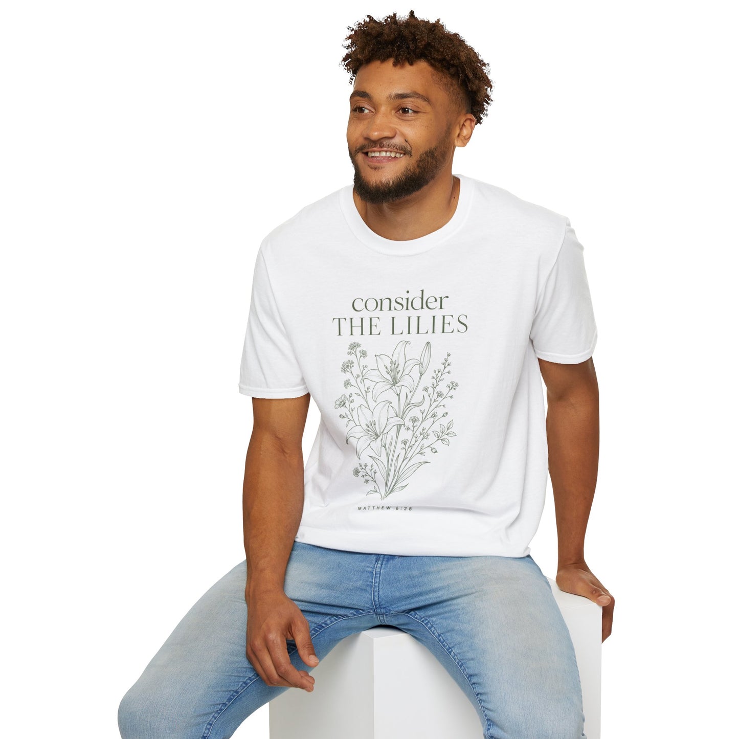 Consider the Lilies T-Shirt — Matthew 6:28 Botanical Line Art